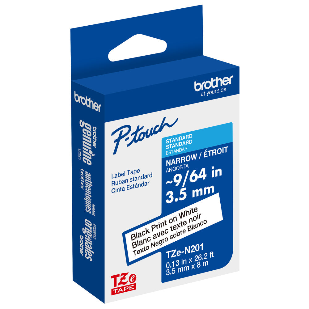 Original Brother P-touch TZE-N201 Standard Yield Black on White Label Tape, TZEN201