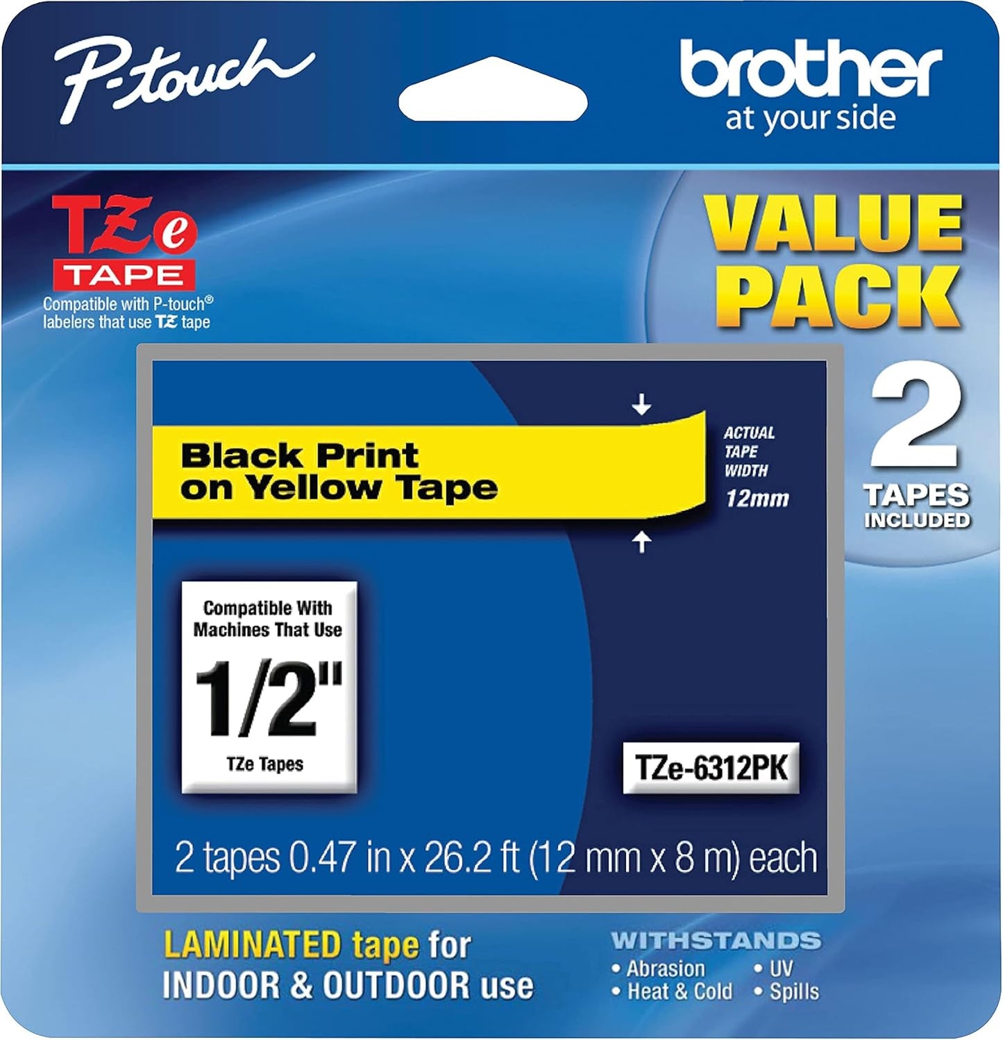 Genuine Brother P-Touch, Black on Yellow Tape ½” (12mm) Laminated P-Touch Tape, TZe-6312Pk 