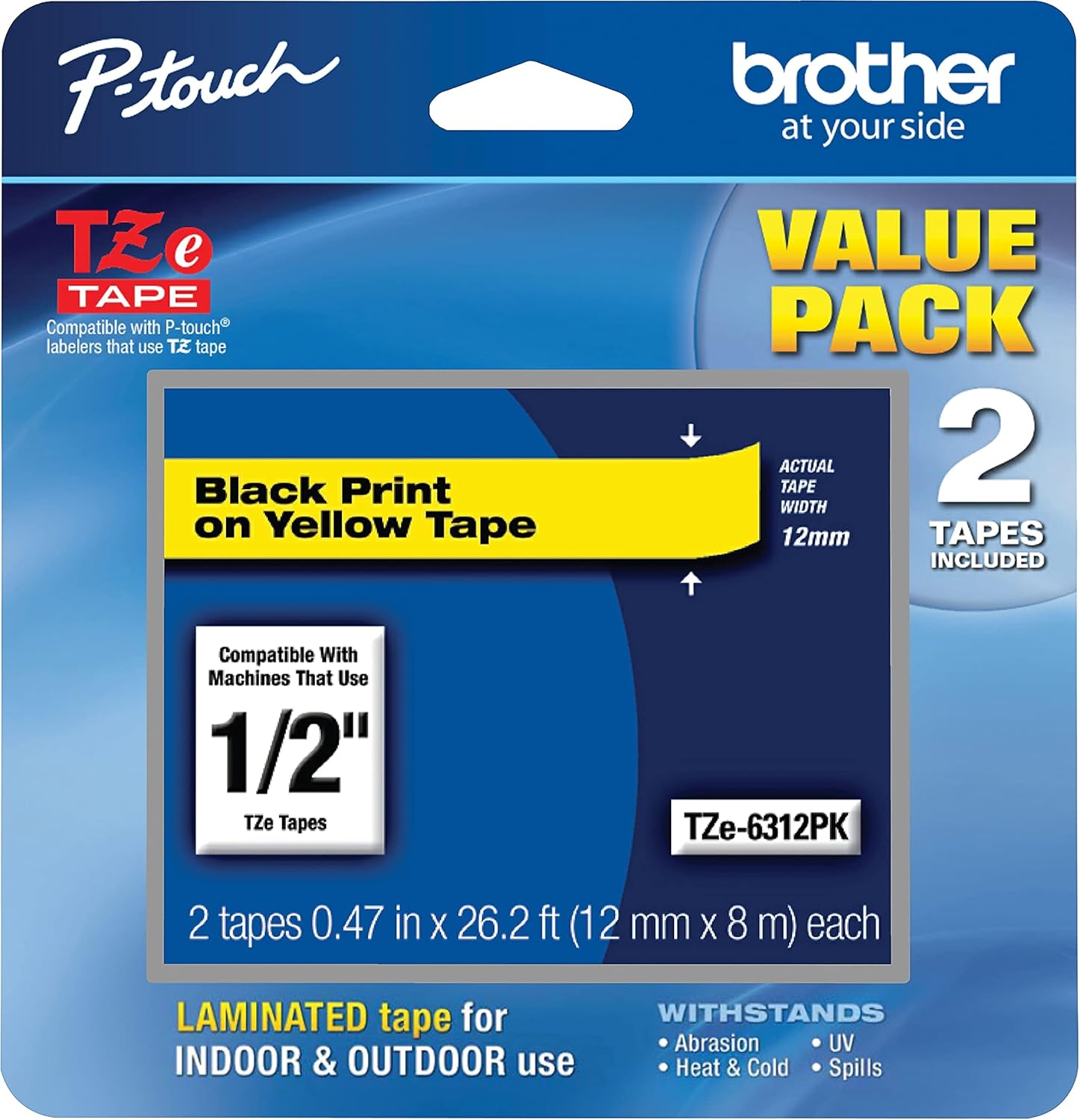 Genuine Brother P-Touch, Black on Yellow Tape ½” (12mm) Laminated P-Touch Tape, TZe-6312Pk 