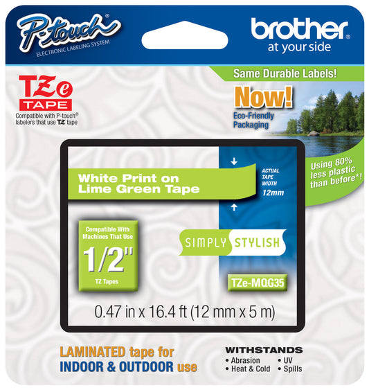 Original Brother TZe-MQG35 Labelling Tape Cassette 12mm (W) * 5m (L) White Print on Lime Green Tape-TZe-MQG35