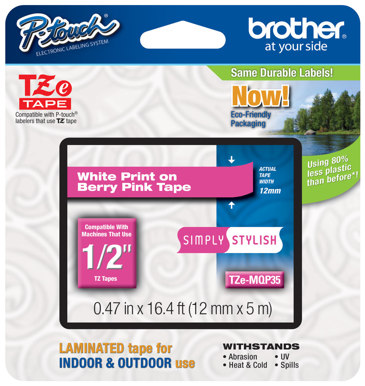 Original Brother TZe-MQP35 Labelling Tape Cassette 12mm (W) * 5m (L) White Print on Berry Pink Tape-TZe-MQP35