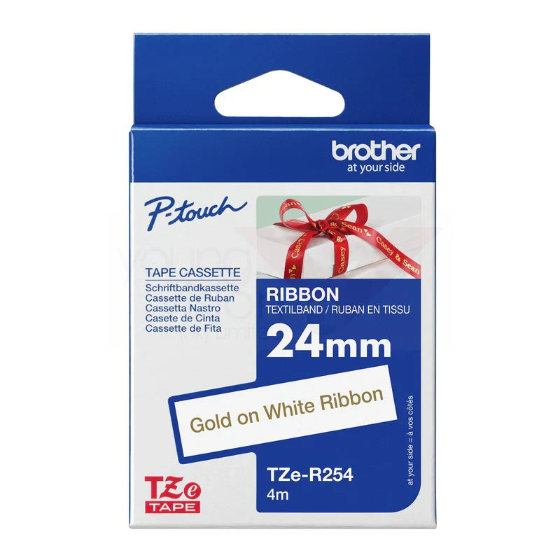 Original Brother TZe-R254 Labelling Tape Cassette 12mm (W) * 5m (L) Gold on White Ribbon -TZe-R254