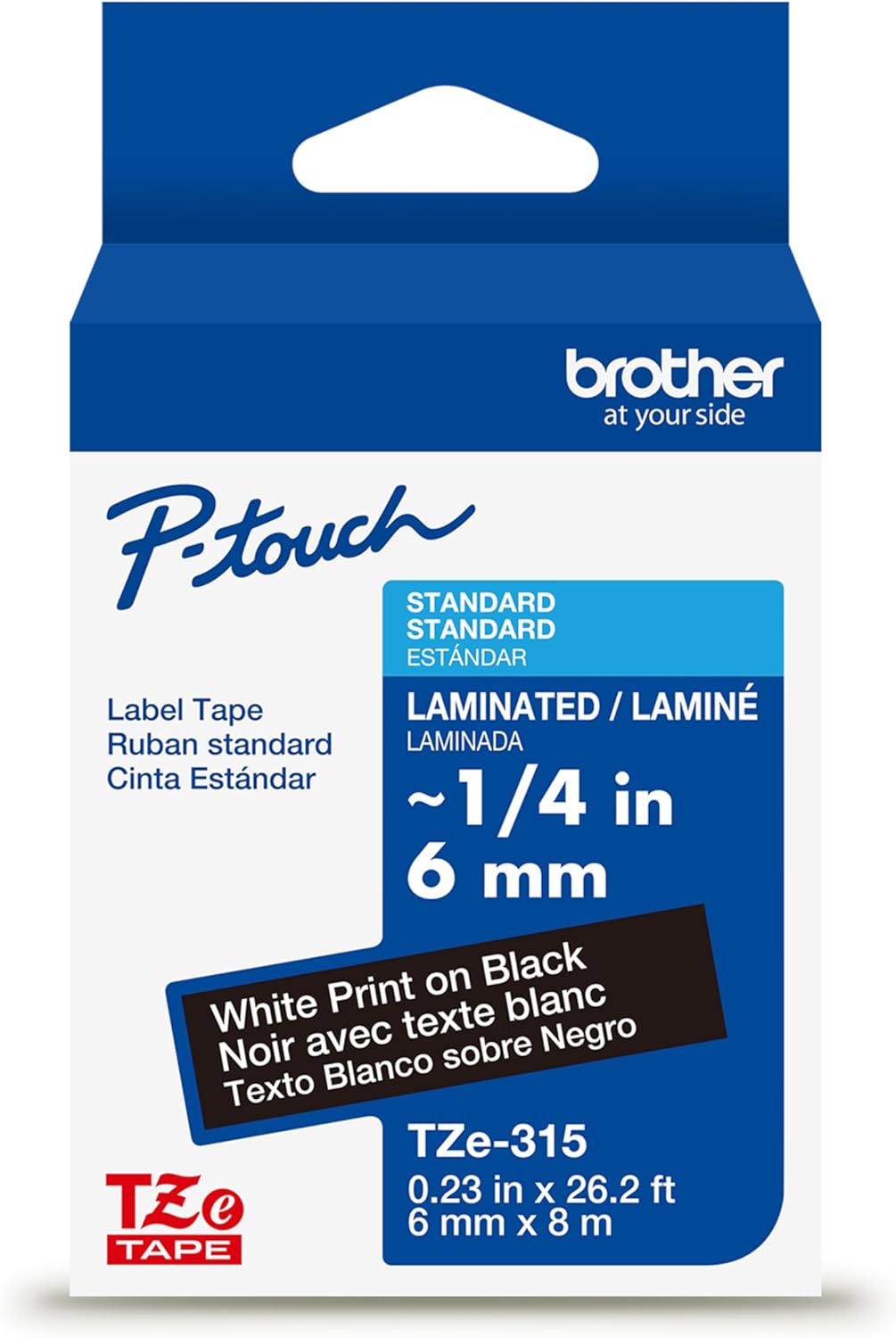 Genuine Brother P-Touch TZe White Print on Black Label Tape (TZe315), Laminated,1/4in x 26.2ft (6mm x 8m), for Select P-Touch Label