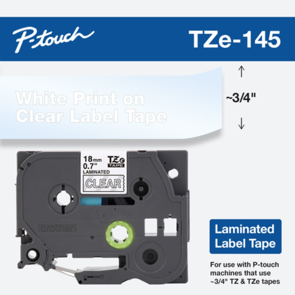 Genuine Brother PTZe-145 Labelling Tape Cassette , 18 mm (W) x 8 m (L), White on Clear, TZE-145