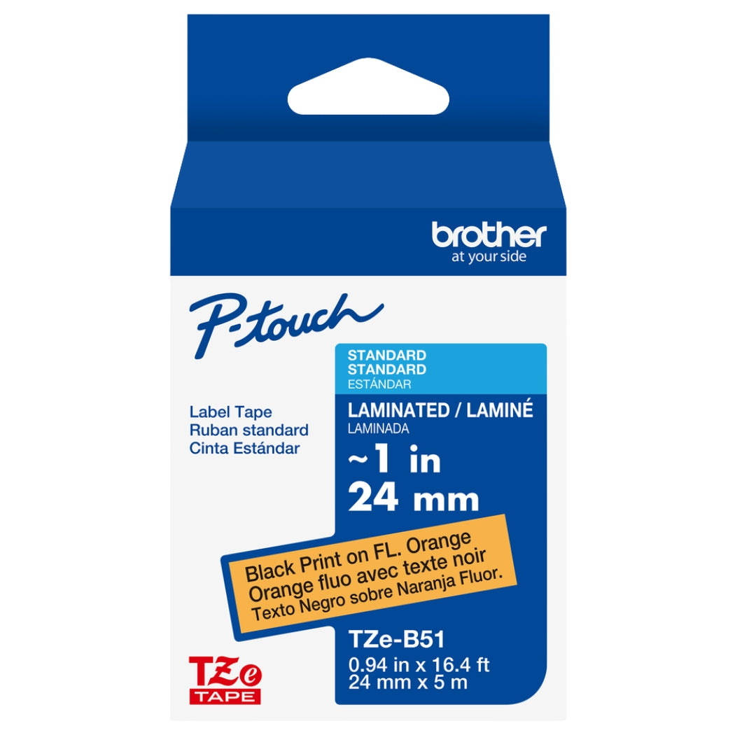 Genuine Brother P-Touch TZE-B51 Tape, 1" (0.94") Wide Standard, Black on Fluorescent Orange, Laminated Tape