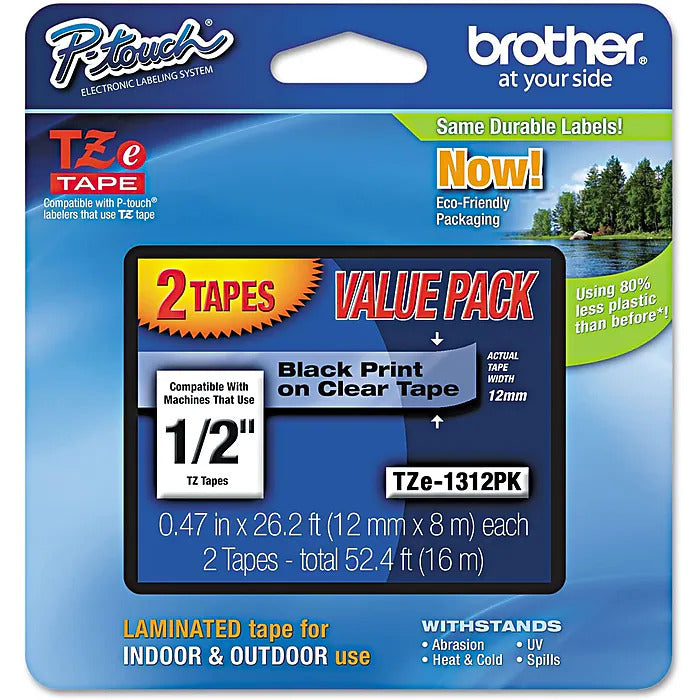 Original Brother P-touch TZe-131 Laminated Label Maker Tape, 1/2" x 26-2/10', Black on Clear, 2/Pack (TZe-1312PK)